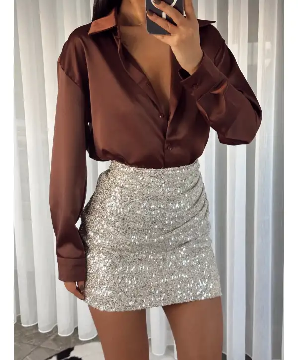 Payetli mini etek - Bej