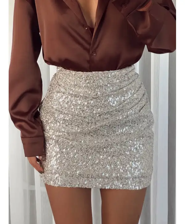 Payetli mini etek - Bej