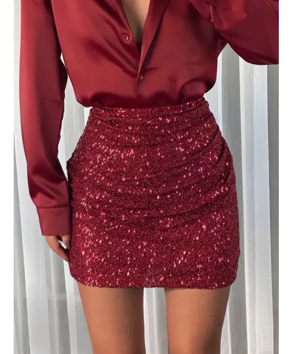 Payetli mini etek - Bordo