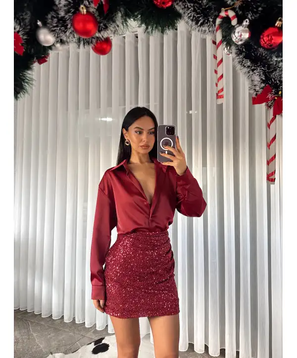 Payetli mini etek - Bordo