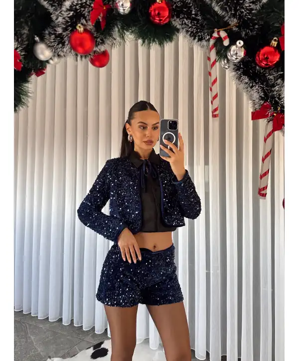 Payetli mini şort - lacivert