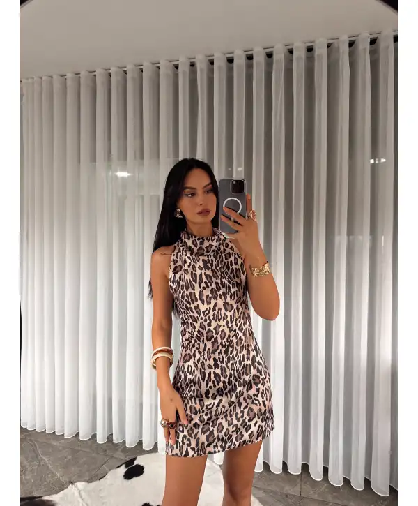 Sırt dekolteli Saten mini elbise - Leopar