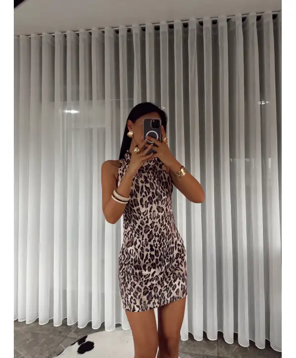 Sırt dekolteli Saten mini elbise - Leopar