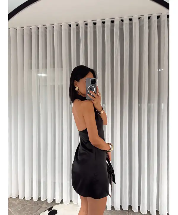 Sırt dekolteli Saten mini elbise - Siyah