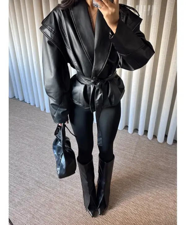 Tasarım kuşak detay deri ceket