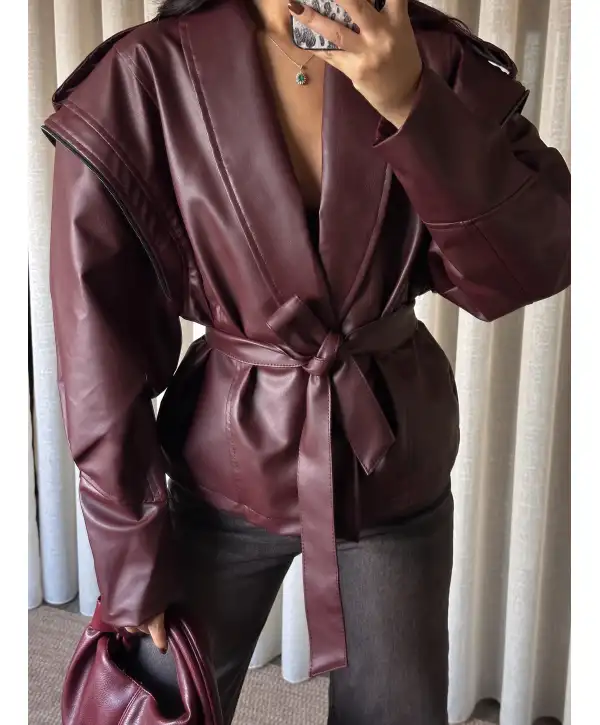 Tasarım kuşaklı deri ceket