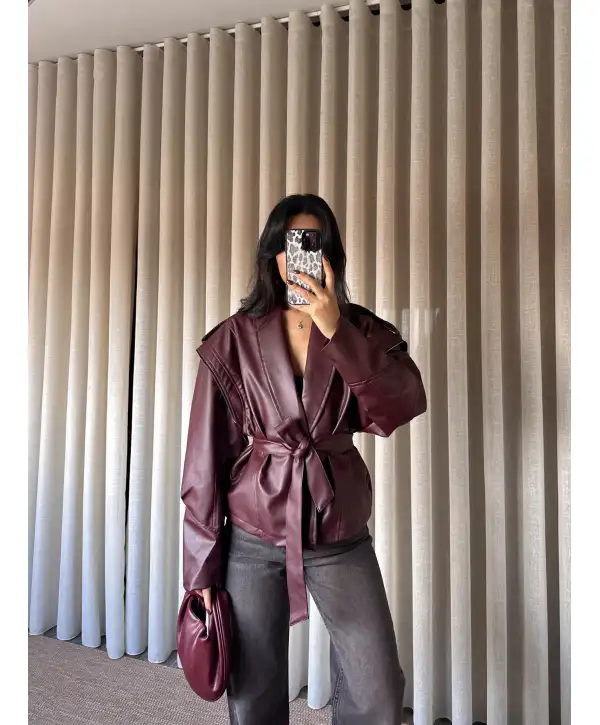 Tasarım kuşaklı deri ceket