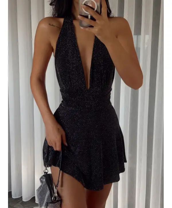 Taşlı sırt dekolteli mini elbise