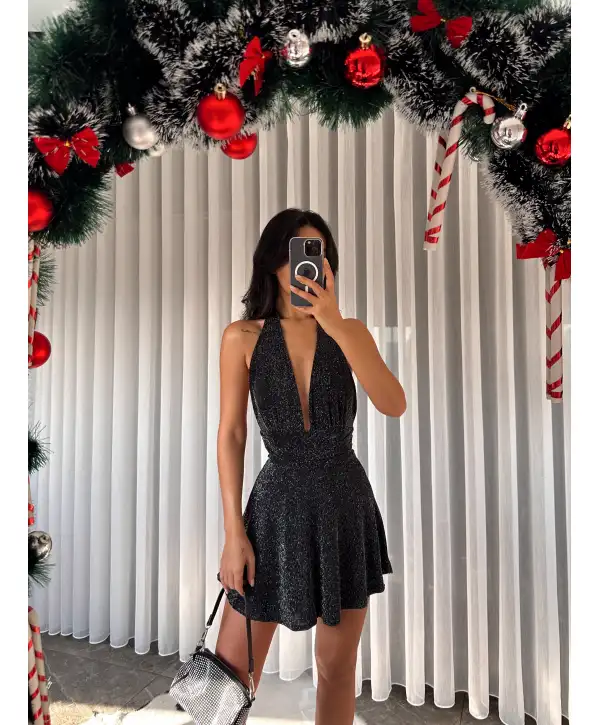 Taşlı sırt dekolteli mini elbise