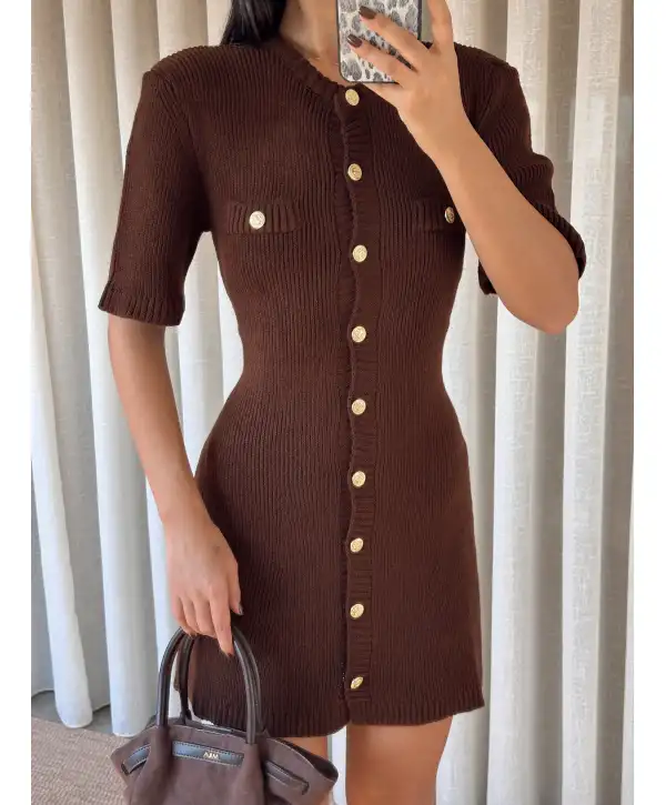 Triko gold düğmeli elbise