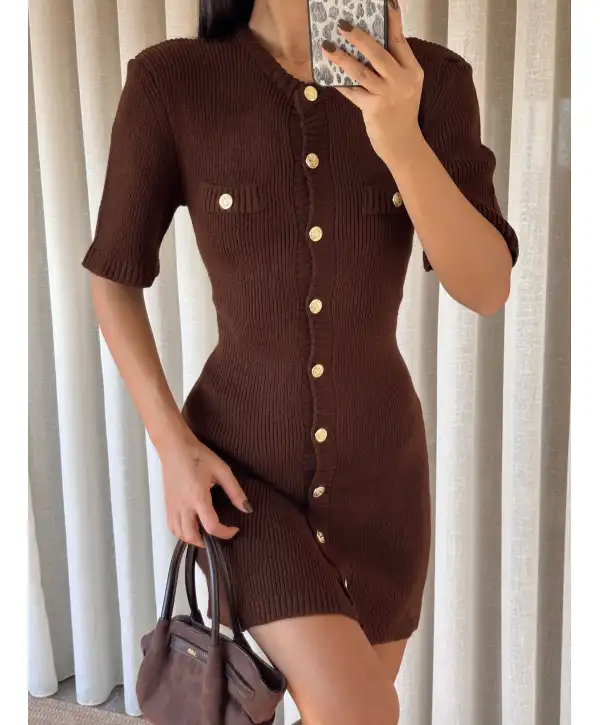 Triko gold düğmeli elbise