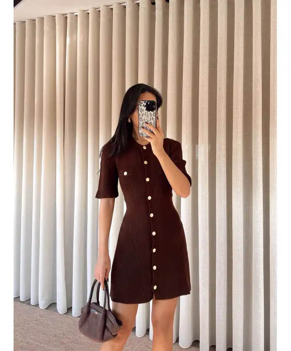 Triko gold düğmeli elbise