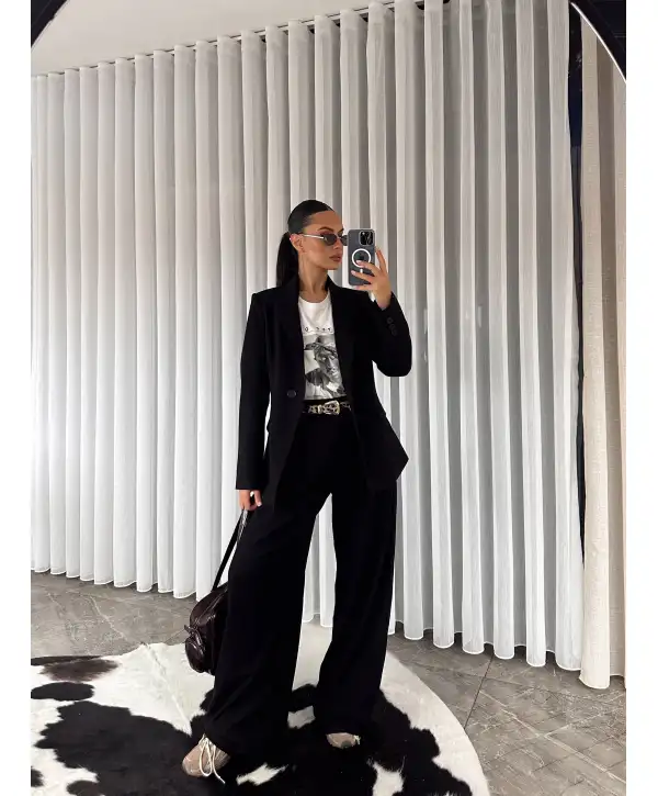 Vatkalı ceket pantolon takım - Siyah