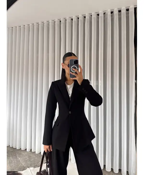 Vatkalı ceket pantolon takım - Siyah