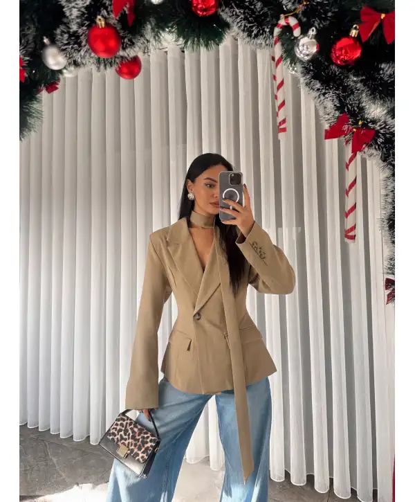 Vatkalı tasarım blazer ceket - Camel