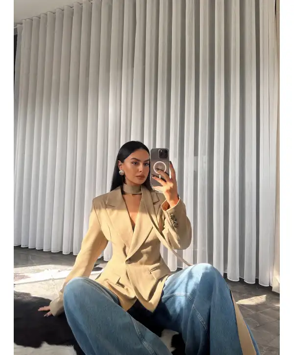 Vatkalı tasarım blazer ceket - Camel