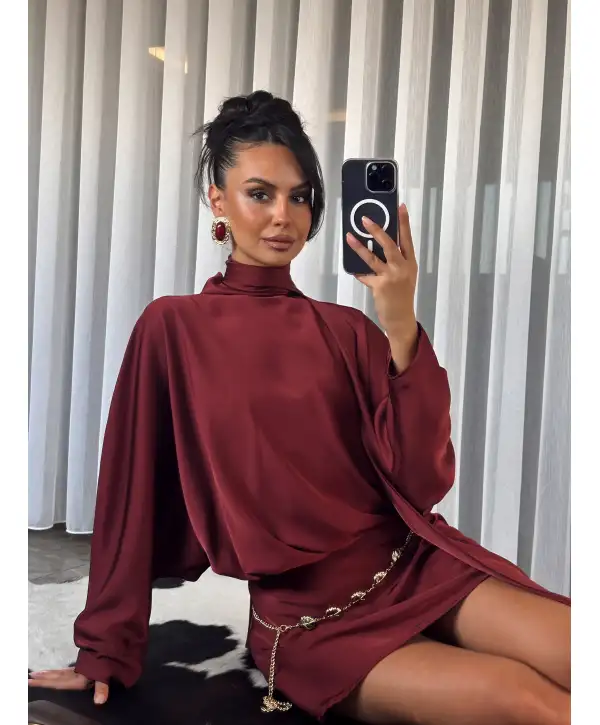 Yarasa kol kuşak detay Saten elbise- Bordo