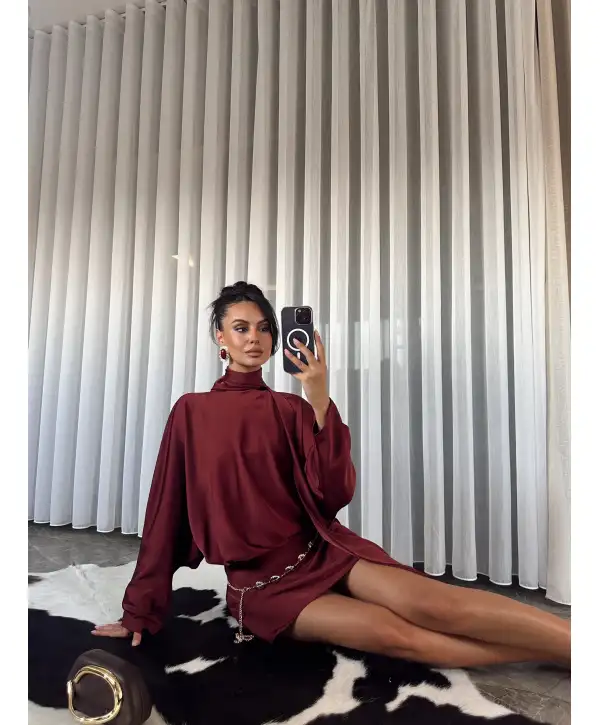 Yarasa kol kuşak detay Saten elbise- Bordo