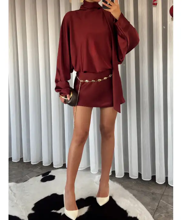 Yarasa kol kuşak detay Saten elbise- Bordo