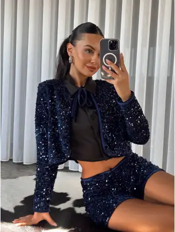 Bağlamalı Payetli Ceket - Lacivert