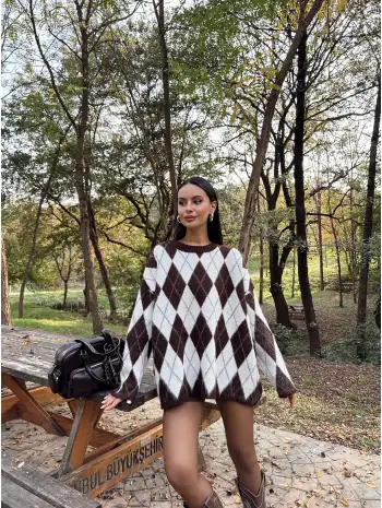 Baklava Desen Oversize Kazak -Kahverengi