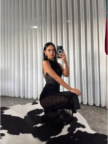 Dantel detay kadife elbise - Siyah