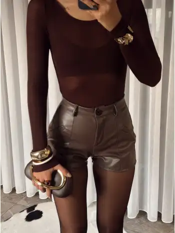 Deri mini şort - Kahverengi