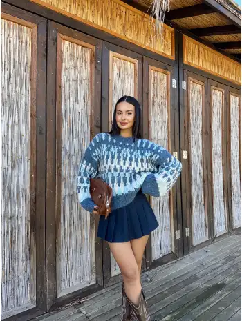 Desenli triko kazak - Mavi