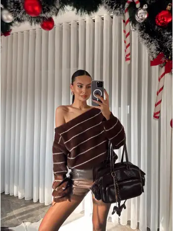 Düşük omuz yumuş çizgili kazak - Kahverengi