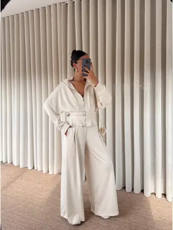 geniş paçalı kemer detay eşofman takımı