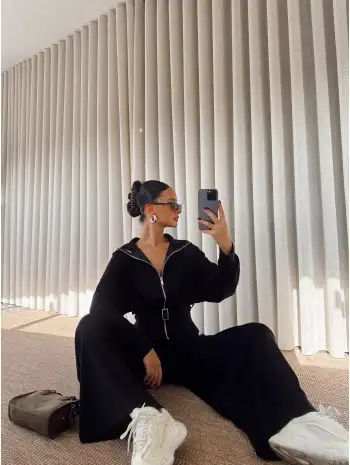 geniş paçalı kemer detay eşofman takımı