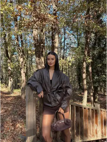 Tasarım kuşak detay deri ceket