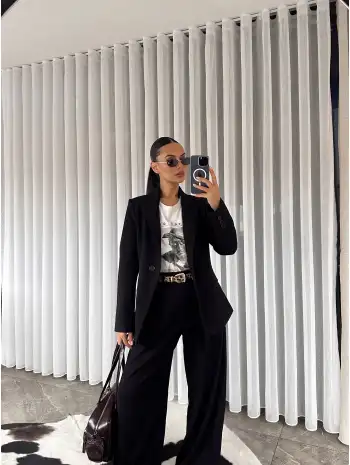 Vatkalı ceket pantolon takım - Siyah