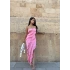 Pembe Fırfırlı Straplez Elbise