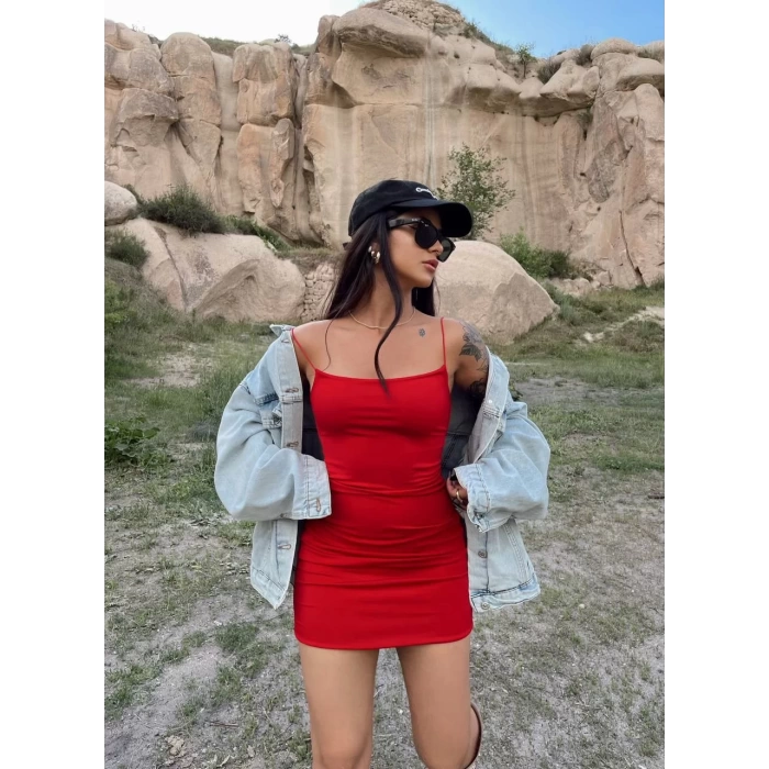 Kırmızı İp Askılı Mini Sandy Elbise