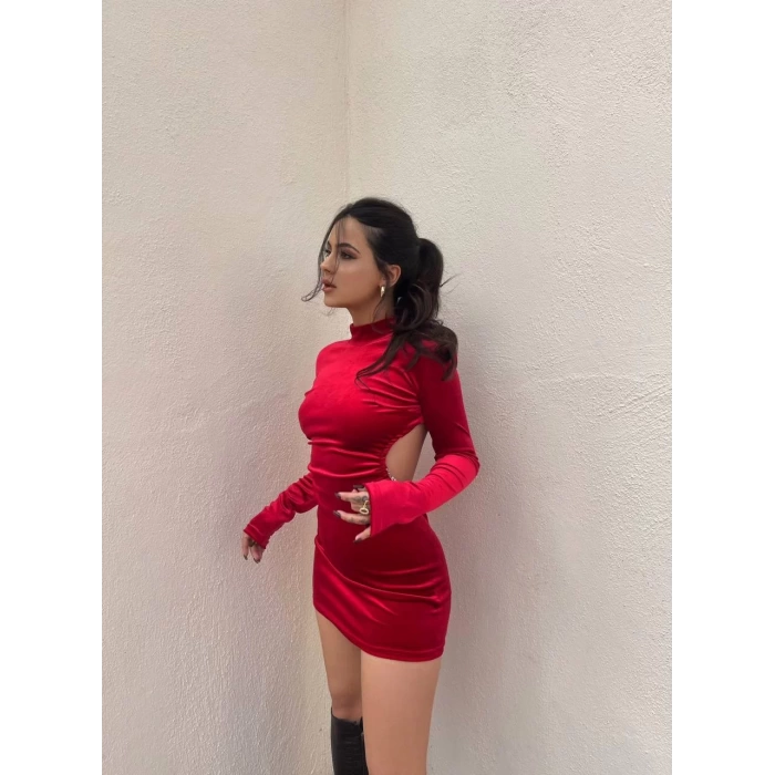 Kırmızı Sırt Zincirli Kadife Elbise
