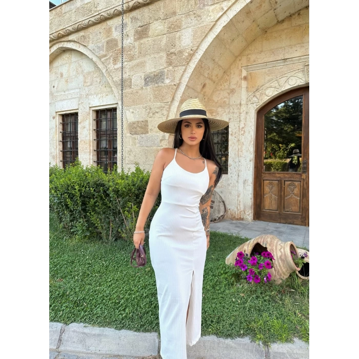 Beyaz Fitilli Sırt Çapraz Elbise