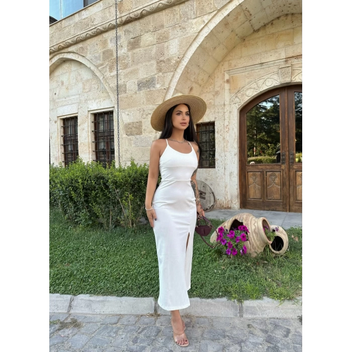 Beyaz Fitilli Sırt Çapraz Elbise
