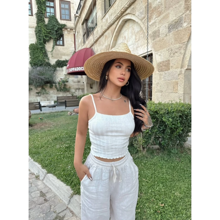 Beyaz İp Askılı Fitilli Crop
