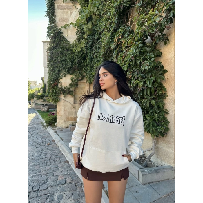 Beyaz No More İçi Şardonlu Kapüşonlu Sweat