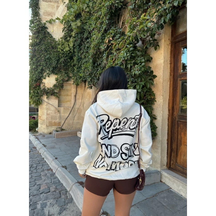 Beyaz No More İçi Şardonlu Kapüşonlu Sweat