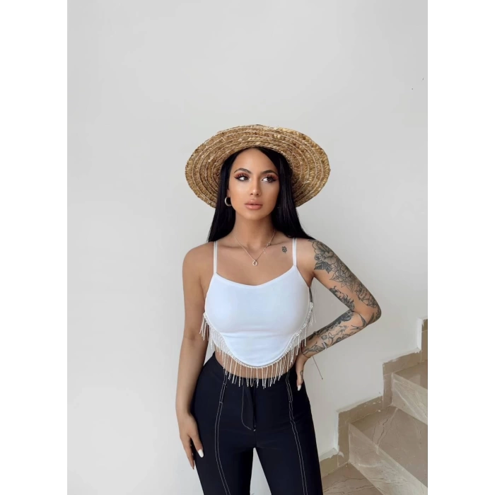 Beyaz Oval Kesim Taşlı Crop