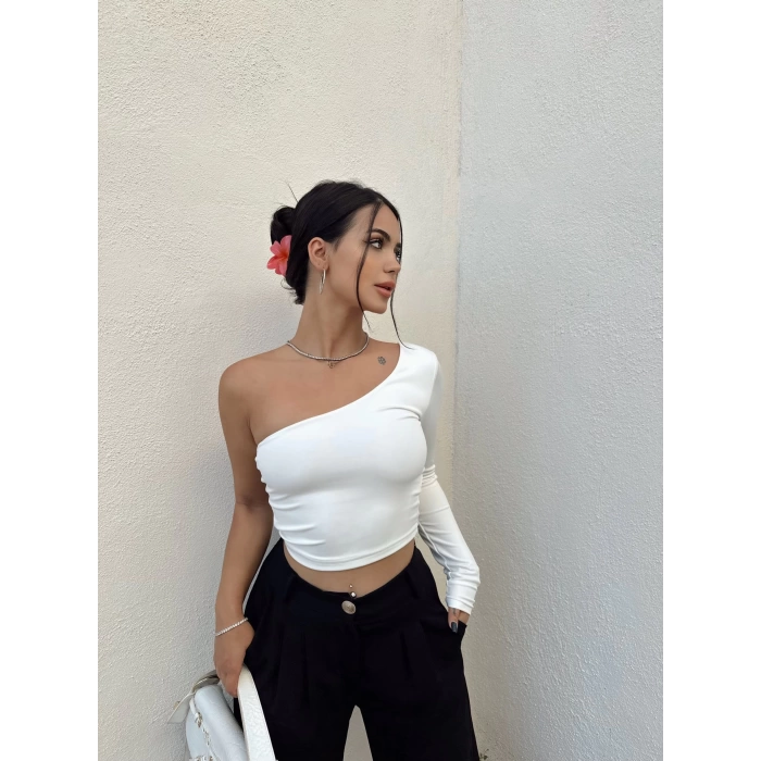 Beyaz Tek Omuz Dalgıç Crop
