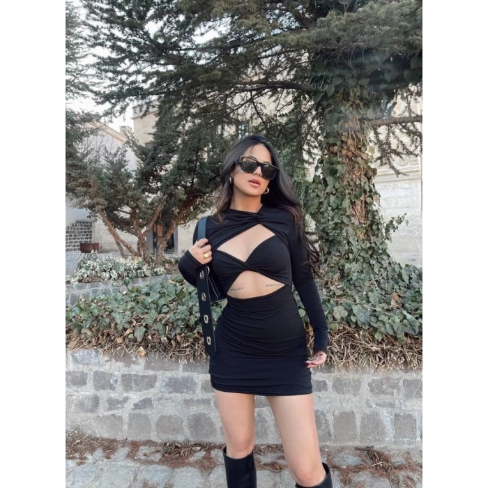 Siyah Dekolte Sandy Elbise