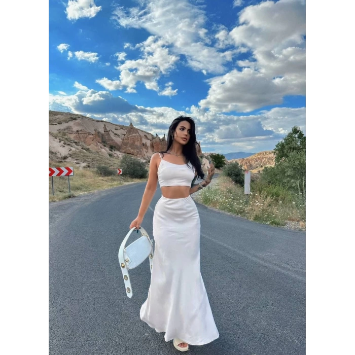 Ekru Saten Etek Büstiyer İkili Takım