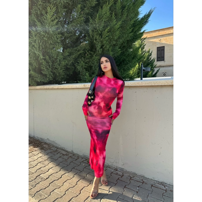 Fuşya Dik Yaka Digital Long Elbise