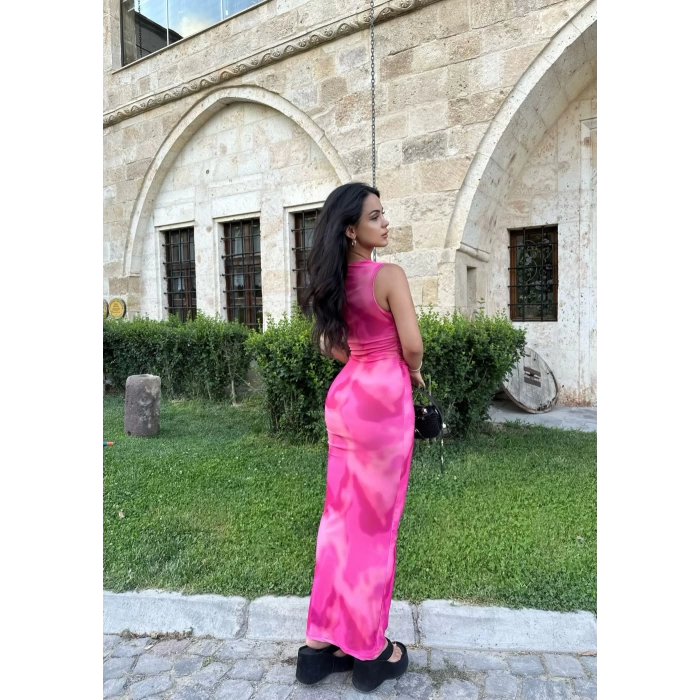 Fuşya Halter Yaka Desenli Uzun Elbise