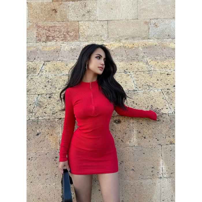 Kırmızı Fermuarlı Kaşkorse Elbise