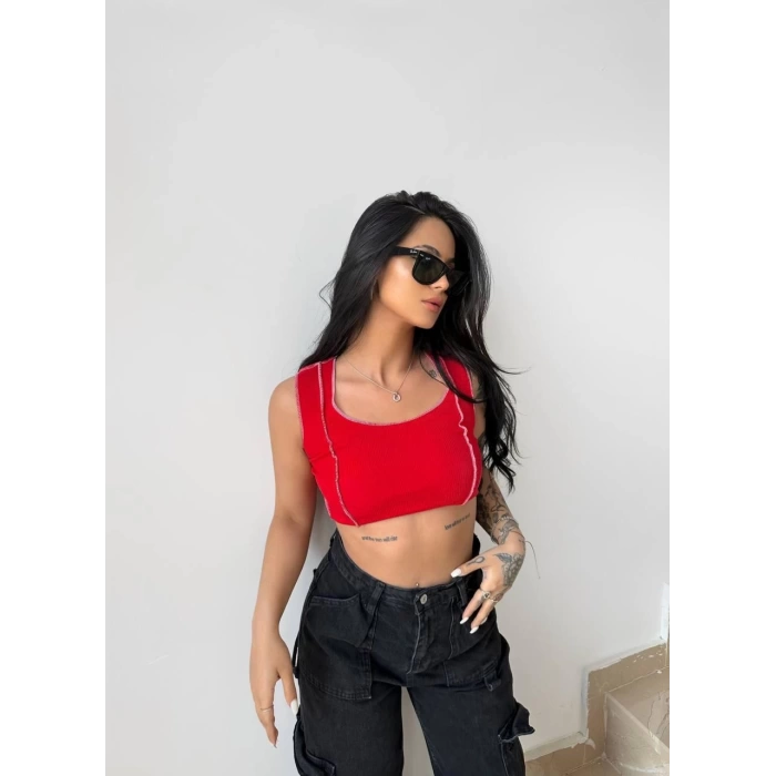 Kırmızı Kare Yaka Kaşkorse Ön Şeritli Crop
