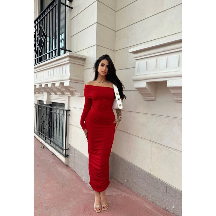 Kırmızı Tek Omuz Büzgülü Long Elbise